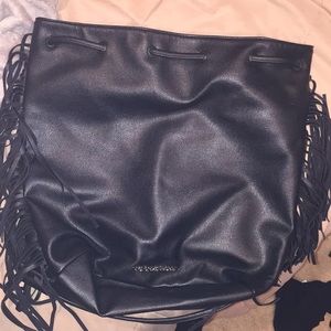 black faux leather Victorias Secret drawstring bag